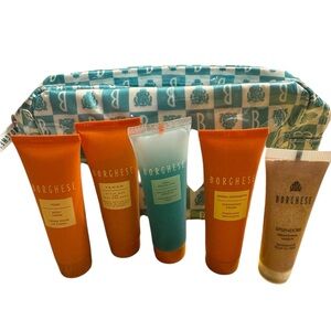 Borghese travel skincare set with teal/white cosmetic bag. NWT